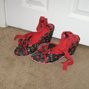 size 8 Cherry print Open toe Sandal Wedges Ankle wrap